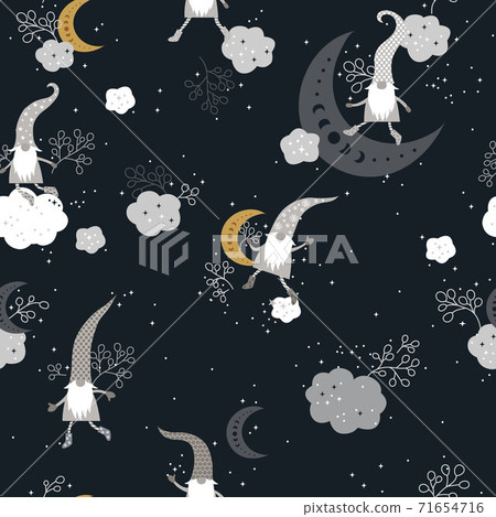 Beautiful Seamless Pattern with Gnomes, Moon and Stars 71654716