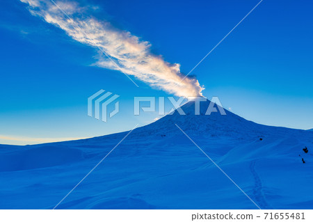 Kamchatka Peninsula, winter eruption active Volcano Klyuchevskaya Sopka at sunset, golden hour. Plume of ash, gas in blue sky 71655481