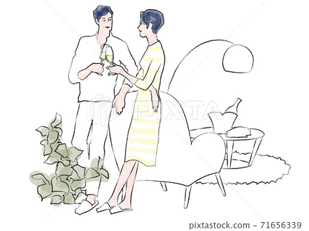 A couple toasting in the living room, hand-painted line art 71656339