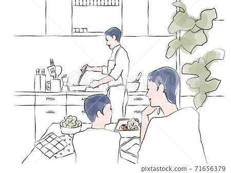 媽媽和孩子在桌旁聊天，爸爸做午飯手繪風格的線條畫 71656379
