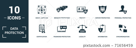 Data Protection icon set. Monochrome sign collection with certification, password protection, legality, information and over icons. Data Protection elements set. Data Protection icon set. Monochrome sign collection with certification, password protection, legality, information and over icons. Data Protection elements set. 71656459