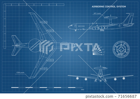 Outline blueprint of military aircraft. Top, front and side jet view. Army airplane with airborne warning and control system. Industrial isolated drawing 71656687