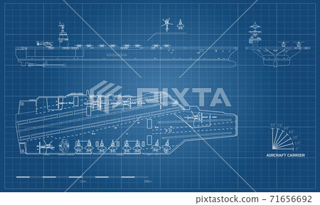 Blueprint of aircraft carrier. Military ship. Top, front and side view. Battleship model. Industrial drawing. Warship in outline style 71656692