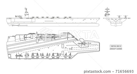 Outline image of aircraft carrier. Military ship. Top, front and side view. Battleship model. Industrial drawing. Warship in flat style Outline image of aircraft carrier. Military ship. Top, front and side view. Battleship model. Industrial drawing. Warship in flat style 71656693