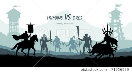 Black silhouette of battle orcs and humans. Fantasy landscape. Medieval 2d panorama. Knights and warriors fighting scene. Panorama with towers 71656929