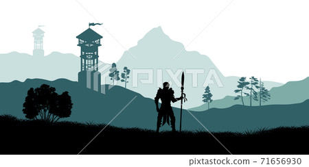 Black silhouette of knight on background of archers tower. Fantasy landscape. Medieval panorama. Scene with battle watchtower 71656930
