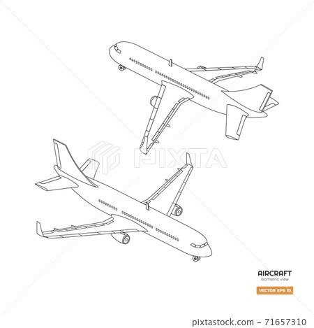 Civil isometric aircraft in outline style. Industrial blueprint of airplane. Front and back view. Plane contour icon for print or infographic 71657310