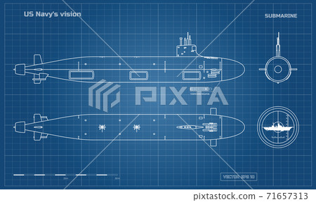 Blueprint of submarine. Military ship. Top, front and side view. Battleship model. Industrial drawing. Warship in outline style Blueprint of submarine. Military ship. Top, front and side view. Battleship model. Industrial drawing. Warship in outline style 71657313