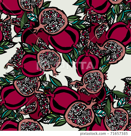 Pomegranate seamless pattern on white background. Fabric design. Kitchen decor. Floral illustration. Hand drawn with inks. 71657385