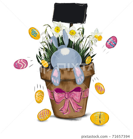 Easter rabbit in pot, flowers and eggs. Greeting card design. Easter rabbit in pot, flowers and eggs. Greeting card design. 71657394
