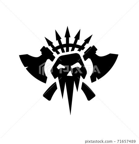 Black silhouettes of orcs clan symbol on white background. Warrior sign. Fantasy game banner with axe and skull 71657489