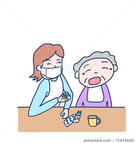 A woman helping the elderly to take medication (with a mask) A woman helping the elderly to take medication (with a mask) 71658688