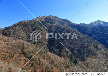 Kenzan and Jirogyu seen from the Tomaru side (you can see the summit Hutte, Otsurugi Shrine, and Nishijima Station on the mountain climbing lift) 71658774