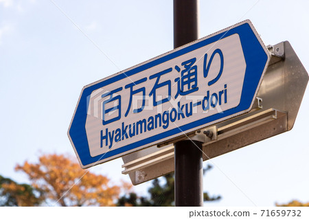 道路標誌（引導標誌）“道路的通用名稱”。 （石川縣金澤市“ Hyakumangoku Dori”） 71659732