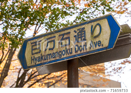 道路標誌(引導標誌)“道路的通用名稱”。 (石川縣金澤市“ Hyakumangoku Dori”) 道路標誌(引導標誌)“道路的通用名稱”。 (石川縣金澤市“ Hyakumangoku Dori”) 71659733