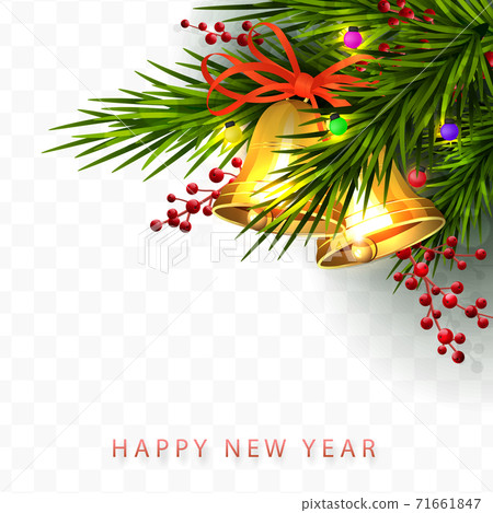 Element of the Christmas composition golden shiny bells, green spruce branch, red berries, burning colorful lanterns Element of the Christmas composition golden shiny bells, green spruce branch, red berries, burning colorful lanterns 71661847