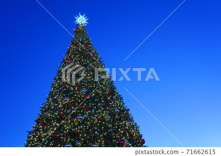 christmas tree with garlands of glowing and decorations, blue sky 71662615