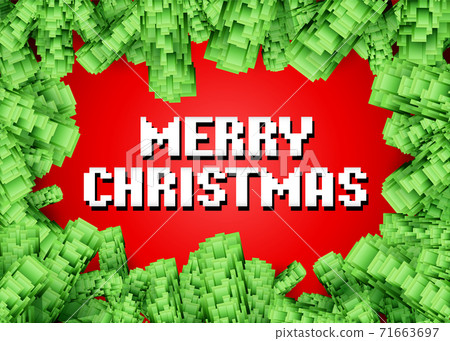 Merry Christmas greeting card with pixel tree branches frame in 80s retro arcadel game style. Merry Christmas greeting card with pixel tree branches frame in 80s retro arcadel game style. 71663697