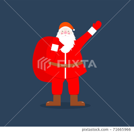 Santa Claus waves his hand with a bag of gifts on his back. Flat vector illustration for mascot or cartoon character. Illustration for Christmas cards, banners, tags and labels. 71665966