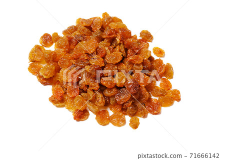 Pile of healthy raisins, dried golden raisins grapes isolated on white background. 71666142