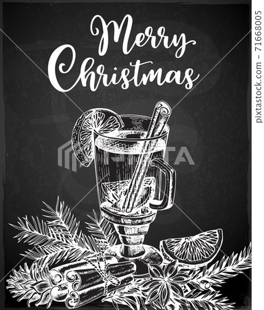 Hand drawn mulled wine and spices on a black background. Hand drawn mulled wine and spices on a black background. 71668005