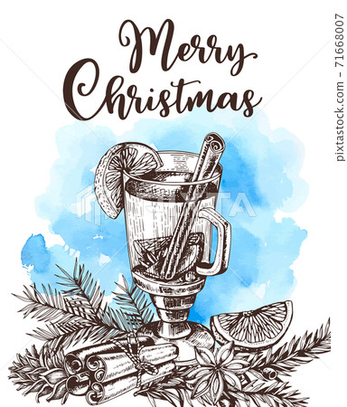 Mulled wine and spices on a blue watercolor background 71668007