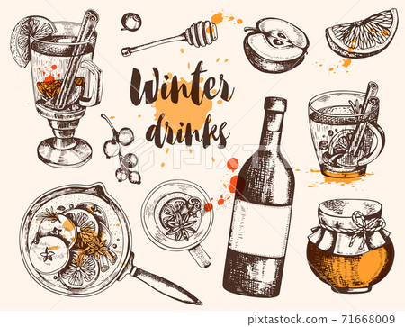 Vintage vector hand drawn mulled wine and ingredients. Vintage vector hand drawn mulled wine and ingredients. 71668009
