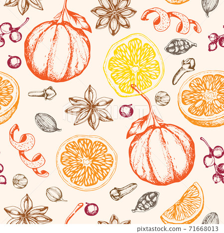 Pattern with ingredients and spices for mulled wine. Pattern with ingredients and spices for mulled wine. 71668013