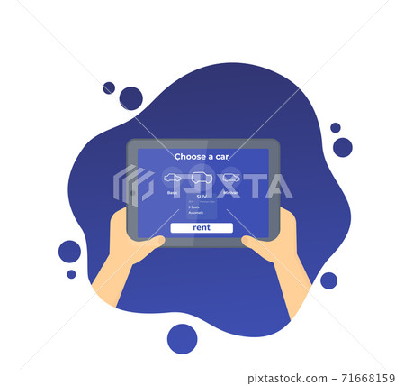 Car rent mobile app, tablet in hands, vector Car rent mobile app, tablet in hands, vector 71668159