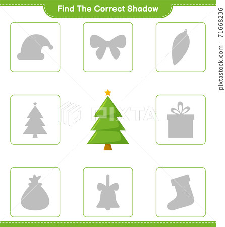 Find the correct shadow. Find and match the correct shadow of Christmas Tree. Educational children game, printable worksheet, vector illustration 71668236