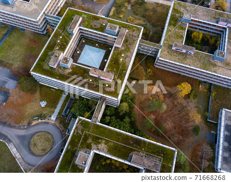 Aerial detail view of the famous Eiermann Campus in Stuttgart that was planned by famous Bauhaus architect Egon Eiermann from 1965 on and was used as an office space until 2009. Since then it is 71668268