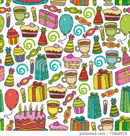 Happy birthday pattern. Set of vector birthday party elements. 71668478