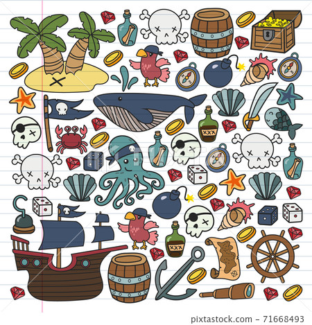 Children pirate party. Symbols of piracy - hat, swords, guns, treasure chest, ship, black flag, jolly roger emblem, skull and crossbones, compass. 71668493