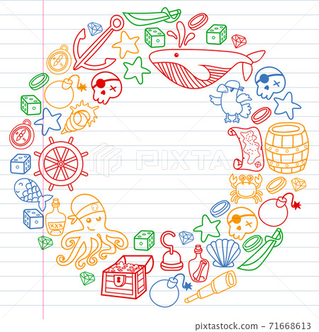 Children pirate party. Symbols of piracy - hat, swords, guns, treasure chest, ship, black flag, jolly roger emblem, skull and crossbones, compass. 71668613