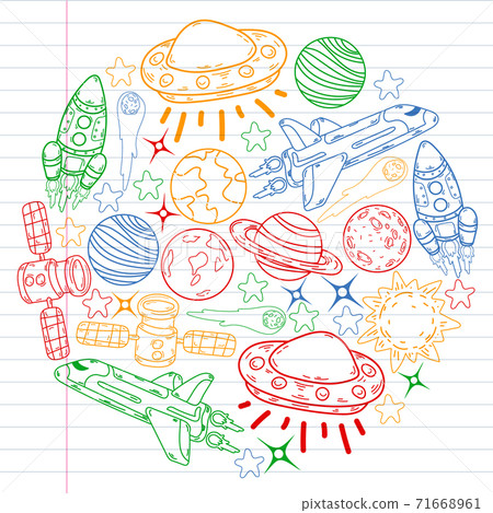Vector doodle space pattern. Earth, Moon, Jupiter, Sun, Saturn. Vector doodle space pattern. Earth, Moon, Jupiter, Sun, Saturn. 71668961