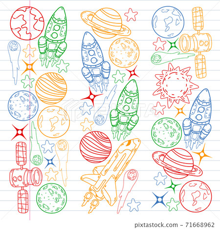 Vector doodle space pattern. Earth, Moon, Jupiter, Sun, Saturn. Vector doodle space pattern. Earth, Moon, Jupiter, Sun, Saturn. 71668962