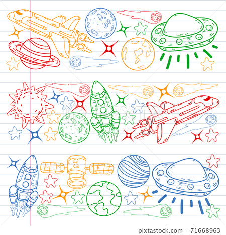 Vector doodle space pattern. Earth, Moon, Jupiter, Sun, Saturn. Vector doodle space pattern. Earth, Moon, Jupiter, Sun, Saturn. 71668963