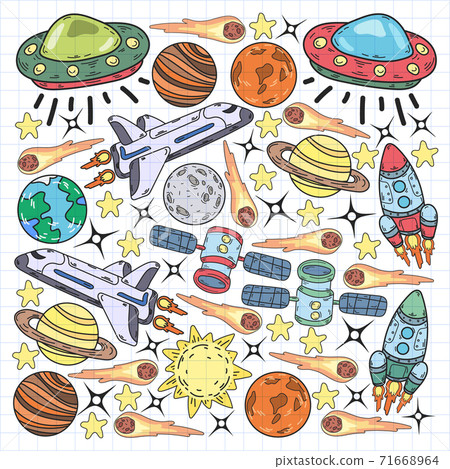 Vector doodle space pattern. Earth, Moon, Jupiter, Sun, Saturn. Vector doodle space pattern. Earth, Moon, Jupiter, Sun, Saturn. 71668964
