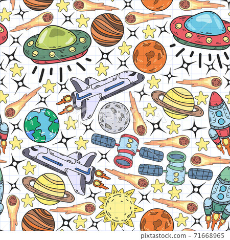 Vector doodle space pattern. Earth, Moon, Jupiter, Sun, Saturn. Vector doodle space pattern. Earth, Moon, Jupiter, Sun, Saturn. 71668965