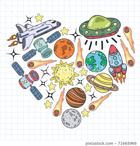 Vector doodle space pattern. Earth, Moon, Jupiter, Sun, Saturn. 71668966