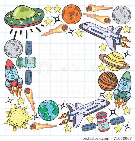 Vector doodle space pattern. Earth, Moon, Jupiter, Sun, Saturn. Vector doodle space pattern. Earth, Moon, Jupiter, Sun, Saturn. 71668967