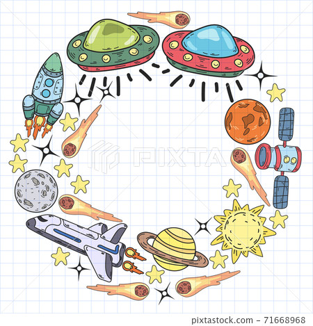 Vector doodle space pattern. Earth, Moon, Jupiter, Sun, Saturn. Vector doodle space pattern. Earth, Moon, Jupiter, Sun, Saturn. 71668968