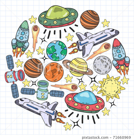 Vector doodle space pattern. Earth, Moon, Jupiter, Sun, Saturn. Vector doodle space pattern. Earth, Moon, Jupiter, Sun, Saturn. 71668969