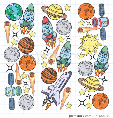 Vector doodle space pattern. Earth, Moon, Jupiter, Sun, Saturn. Vector doodle space pattern. Earth, Moon, Jupiter, Sun, Saturn. 71668970