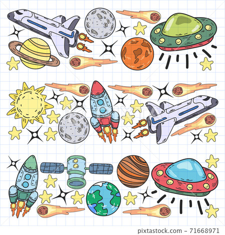 Vector doodle space pattern. Earth, Moon, Jupiter, Sun, Saturn. Vector doodle space pattern. Earth, Moon, Jupiter, Sun, Saturn. 71668971