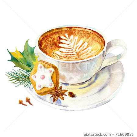 Cup of coffee with milk, cookies, anise, cinnamon and fir tree branch. Watercolor hand-drawn object isolated on white background. Cup of coffee with milk, cookies, anise, cinnamon and fir tree branch. Watercolor hand-drawn object isolated on white background. 71669055