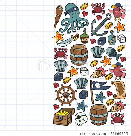 Children pirate party. Symbols of piracy - hat, swords, guns, treasure chest, ship, black flag, jolly roger emblem, skull and crossbones, compass. 71669735