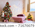 new year interior loft Christmas tree window 71670079