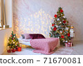 new year interior loft Christmas tree window 71670081