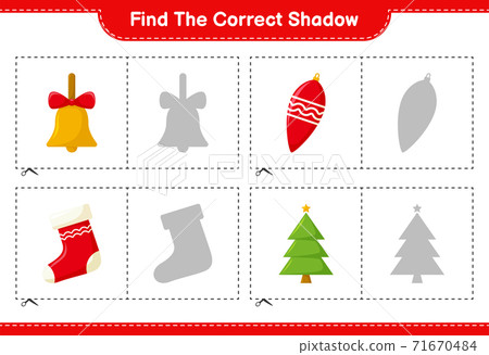 Find the correct shadow. Find and match the correct shadow of Christmas Decoration. Educational children game, printable worksheet, vector illustration 71670484
